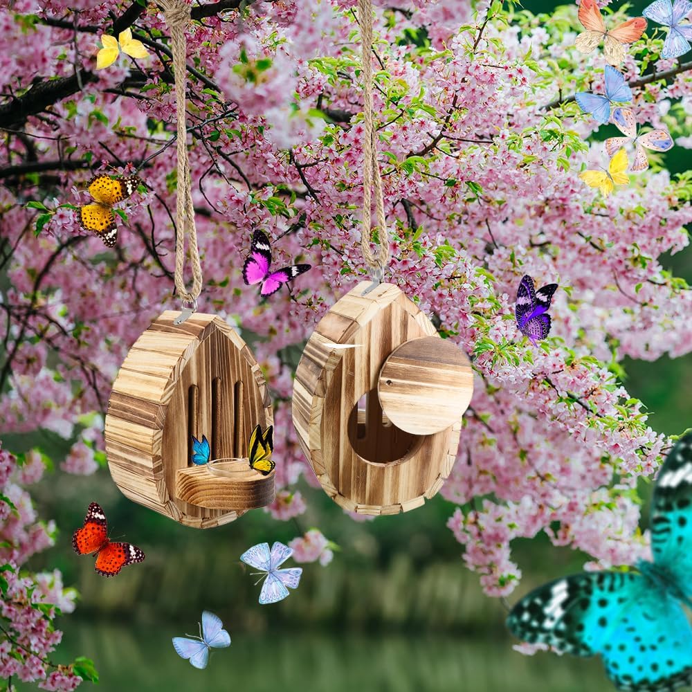 Picowe Wooden Butterfly House - Natural Habitat Nesting Box With Feeder for Butterflies, Bees, Ladybirds - Hanging Garden House for Outside, Open Door