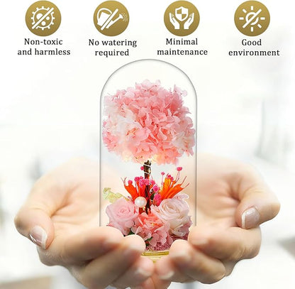 Christmas Preserved Flower Gifts with LED Lights, Pink Hydrangea and Rose Arrangement on Wood Base, 8 x 5.2 Inches, Battery Operated, No Watering Required Home Decor,All Occasions and All Festivals