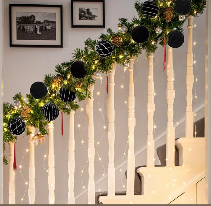 Hollyone Velvet Black Christmas Ornaments for Christmas Tree 3.2inch Xmas Ball Ornaments 9Pcs Flocked Balls Xmas Hanging Ornament Decoration Set Shatterproof for Holiday Party Wreath Home Decor