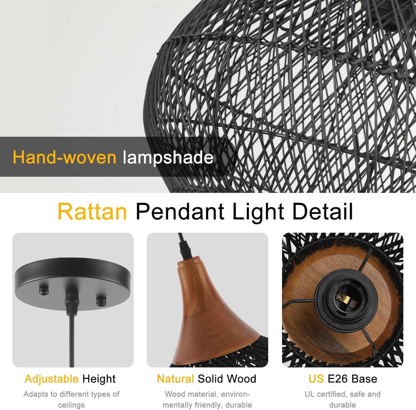 Black Rattan Pendant Light, 15.7" Rattan Chandelier Hand-Woven Wicker Pendant Light Fixtures with Solid Wood, Basket Hanging Lighting for Dining Room Kitchen Island Living Room