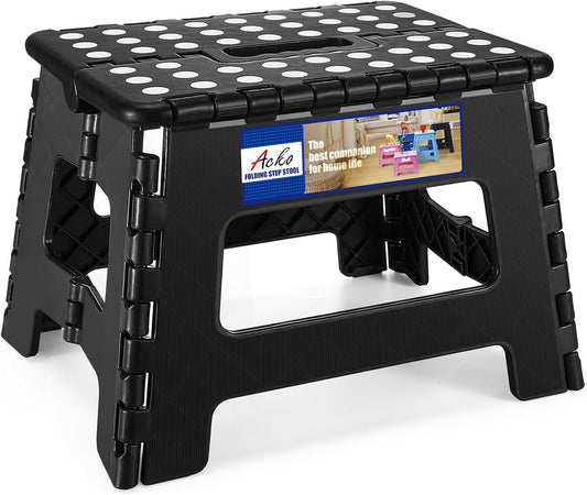 ACKO Folding Step Stool 9 Inch 300 lb Capacity, Plastic Foldable Step Stools for Kids and Adults, Folding Stools Suitable for Kitchen, Stepping Stool with Handle Black 1PC
