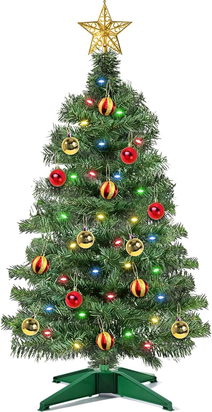 [ Timer & 12 Modes ] 3 Ft Green PVC Christmas Tree with 50 Multi Color Lights DIY 15 Ball Ornaments 3D Star Small Artificial Xmas Tree for Indoor Holiday Party Decorations