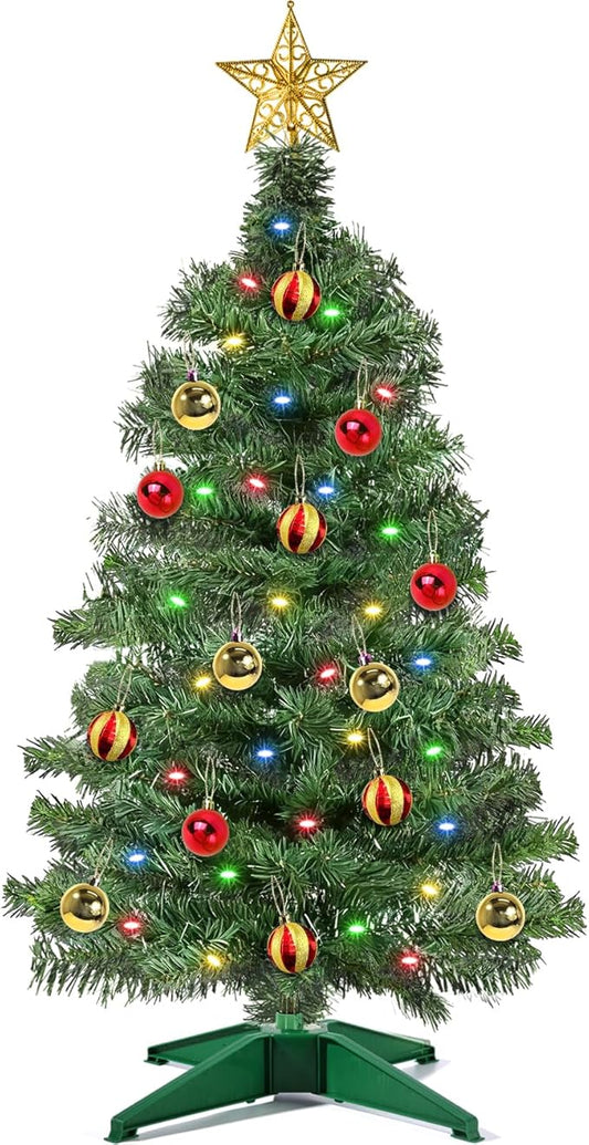 [ Timer & 12 Modes ] 3 Ft Green PVC Christmas Tree with 50 Multi Color Lights DIY 15 Ball Ornaments 3D Star Small Artificial Xmas Tree for Indoor Holiday Party Decorations