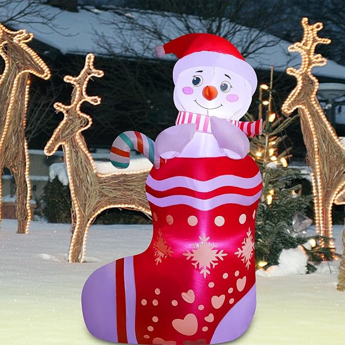 Juegoal Christmas Inflatables Outdoor Decorations, 5FT Inflatable Snowman in Xmas Stocking, Lighted Blow Up Snowman Standing on Christmas Socks with Built in Lights for Holiday Lawn Yard Garden Decor