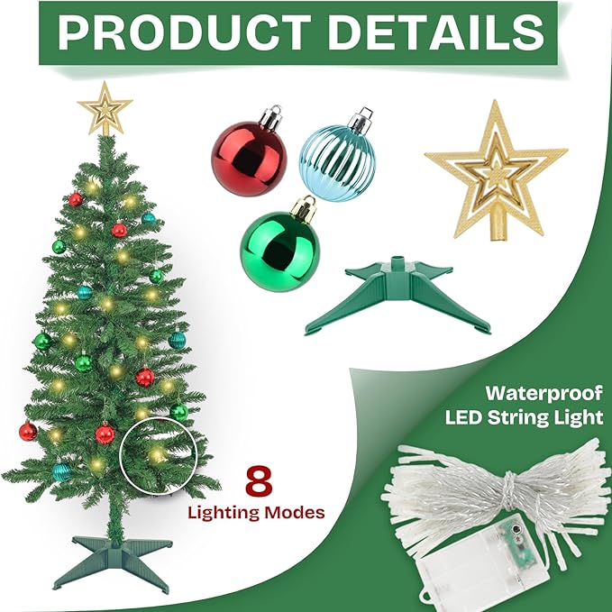 Sunshine Christmas Tree with Light 4ft Artifical Full Christmas Tree with Ball & Star Ornaments 8 Lighting Modes for Holiday Decor (Emerald Green 4ft)