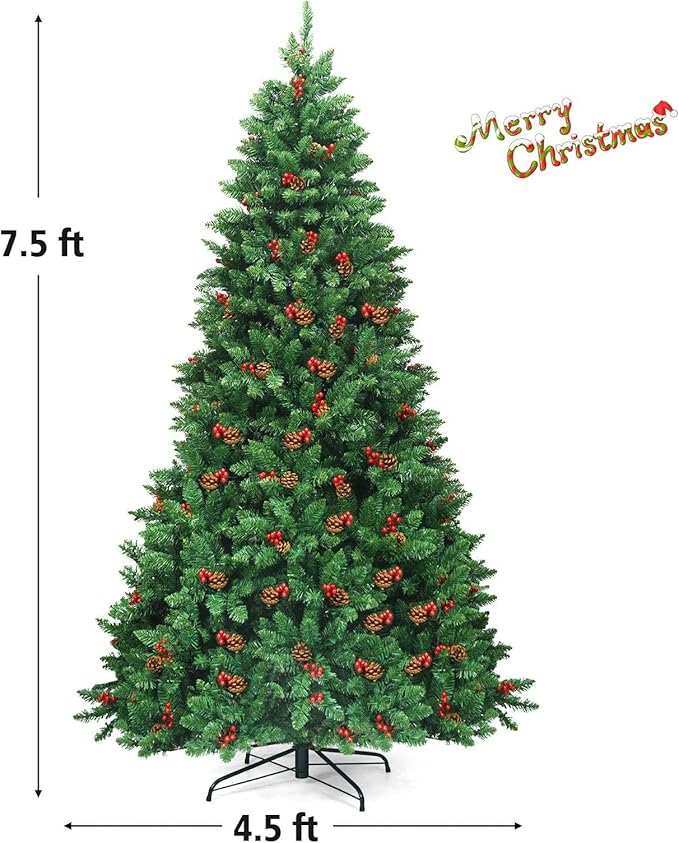 Happygrill 7.5 Feet Christmas Tree Hinged Artificial Christmas Tree with Sturdy Metal Stand Pine Cones and Red Berries, 1526 Branch Tips Xmas Tree for Home Office