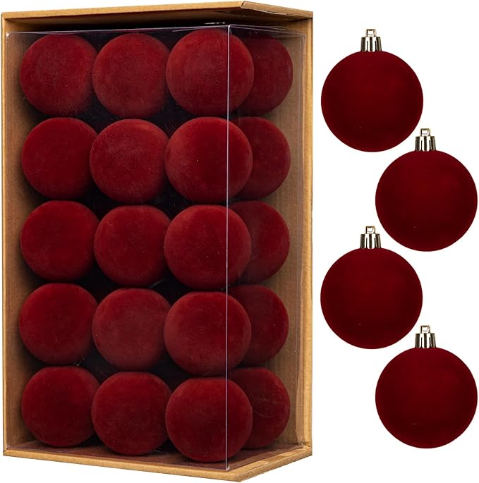 30PCS Velvet Christmas Ball Ornaments Set, 2.36" Shatterproof Baubles for Christmas Tree Decorations, Hanging Baubles with Soft Velvet Finish for Thanksgiving Holiday Party Décor, Burgundy Red