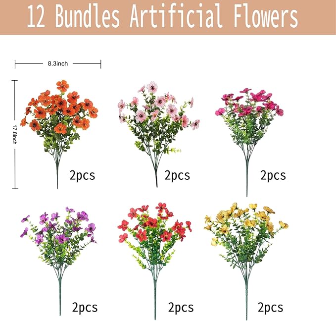 SHIAWASENA Realistic Outdoor Fake Plants Flowers, Artificial Flowers, UV Resistant, 12 Bundles Faux Silk Colorful Violet Flowers Bouquet with Eucalyptus