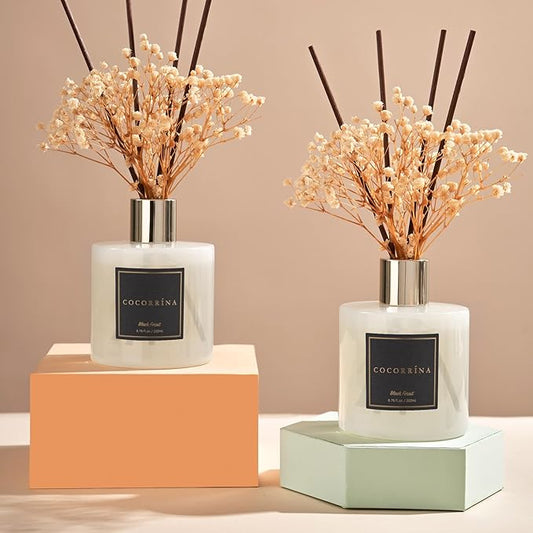Cocorrína Premium Reed Diffuser Set with Preserved Baby's Breath & Cotton Stick Black Forest 2 Packs, 6.7oz Scent Fragrance Oil Diffuser for Bedroom Bathroom Home Décor