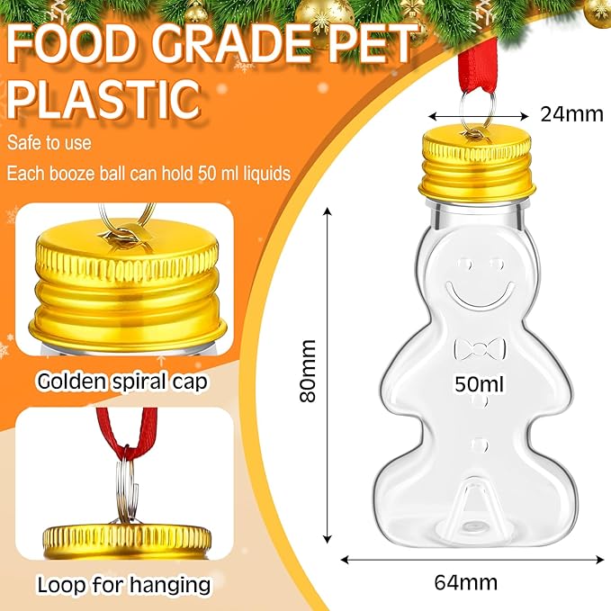 Patelai 18 Pcs Christmas Drink Balls Clear Shot Glass Ornaments Xmas Tree Fillable Ornaments Plastic Xmas Water Bottle Bulbs for Holiday Party Decorations(Gingerbread,50 ml)