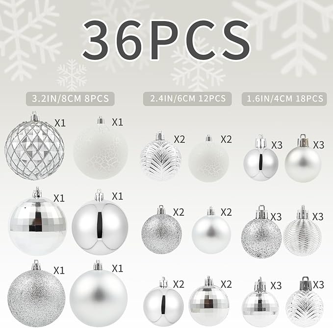 LANGXUN 36pcs Silver Christmas Tree Decorations Balls, Bolas De Navidad, 2025 Christmas Decor, Indoor Outdoor Shatterproof Christmas Ornaments, Xmars Party Wedding Suppiles