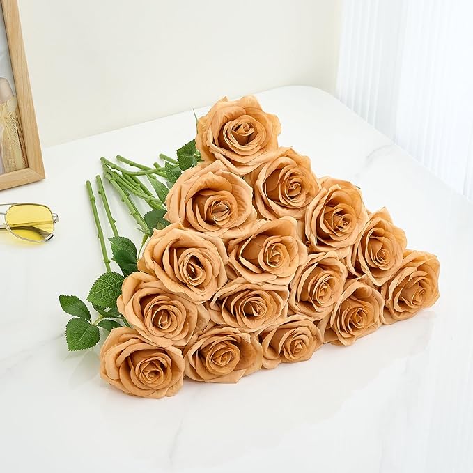 15pcs Terracotta Fake Roses Artificial Silk Flowers Faux Rose Flower Long Stems Bouquet for Arrangement Wedding Centerpiece Party Home Kitchen Decor