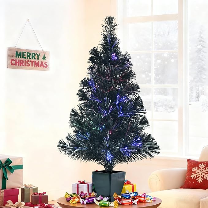 32inch Pre Lit Fiber Optic Christmas Tree,Small Christmas Tree with Lights,Mini Tabletop Christmas Trees,Starry Sky‌ Xmas Tree for Home,Office,Party Decoration,Indoor,Outdoor (Black)