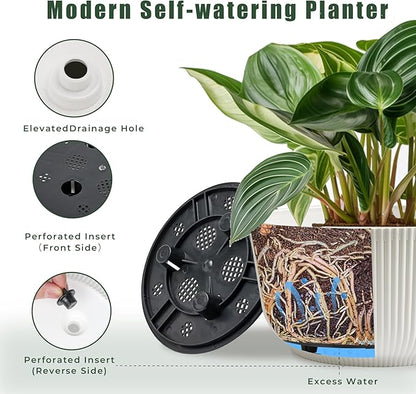 T4U 10 Inch Self Watering Pots for Indoor Plants, 2 Pack Large Plant Pots, Self Watering Planter for Indoor Plants, Durable Plastic Pots (2 Pack,10", White)