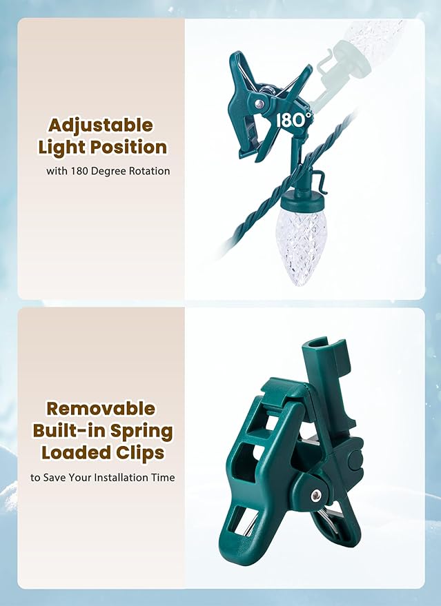 C9 LED Christmas Lights Outdoor, 68Ft 100 LED String Lights with Quick Clips, Commercial Grade Extendable Waterproof Outdoor Christmas Lights for House Outside Roofline Xmas Decor, Blue & Pure White