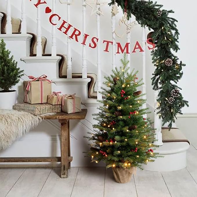 Somikis 3ft Pre-Lit Artificial Mini Christmas Tree with 70LED Lights and Realistic Nordic Spruce, Solid Cement Burlap Base Basin