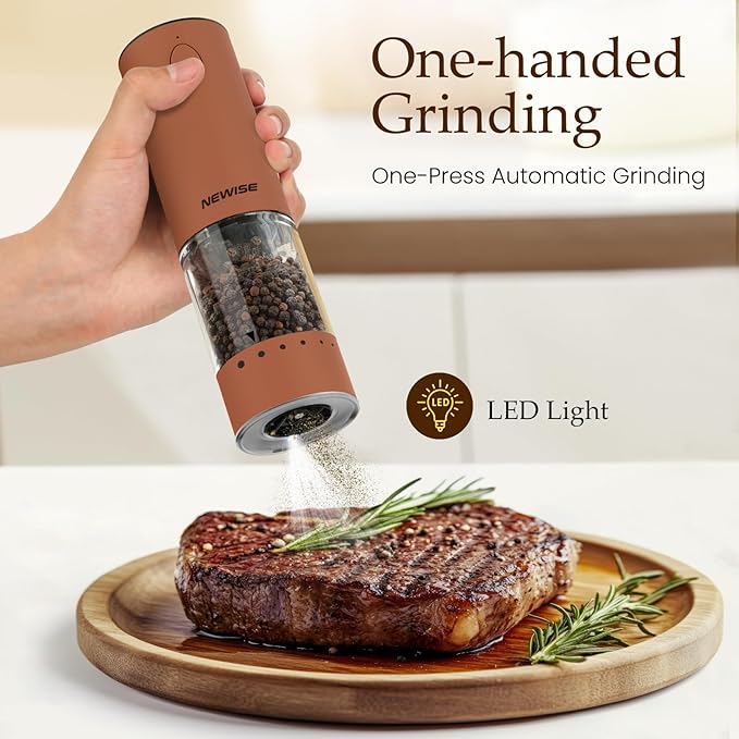 Electric Salt and Pepper Grinder Set Rechargeable with LED Lights, Automatic Pepper & Salt Mill, Adjustable Coarseness, Large Capacity, Brown