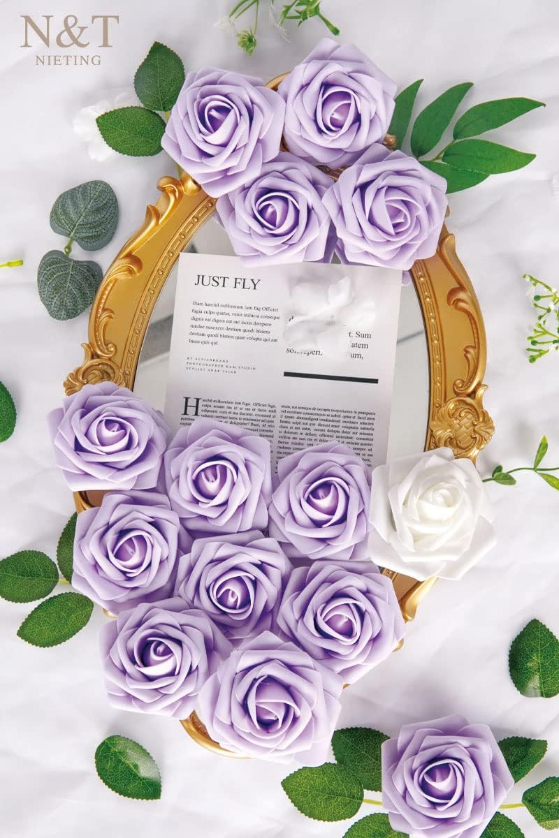 N&T NIETING Artificial Flowers, 50pcs Lavender Fake Rose Flowers with Stem for DIY Wedding Bouquets Centerpieces Arrangements Party Baby Shower Home Decorations