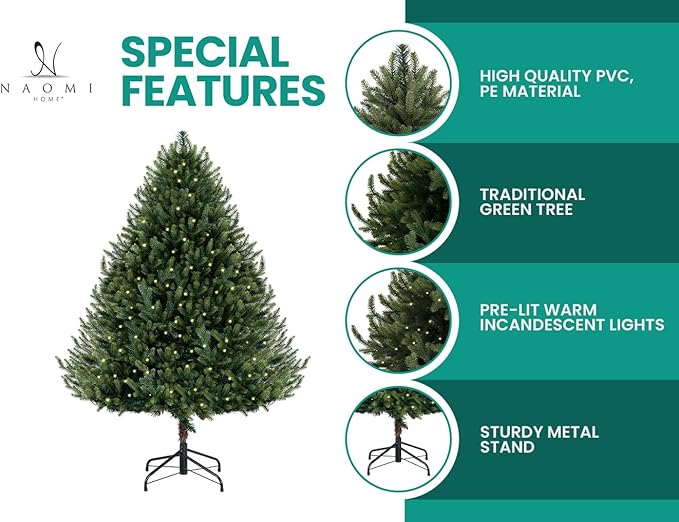 Kinsley 9ft Prelit Aritificial Christmas Tree with 6230 Branch Tips, 1000 Warm Lights and Metal Stand, 68" Wide Realistic Traditional Christmas Tree with Lights by Naomi Home