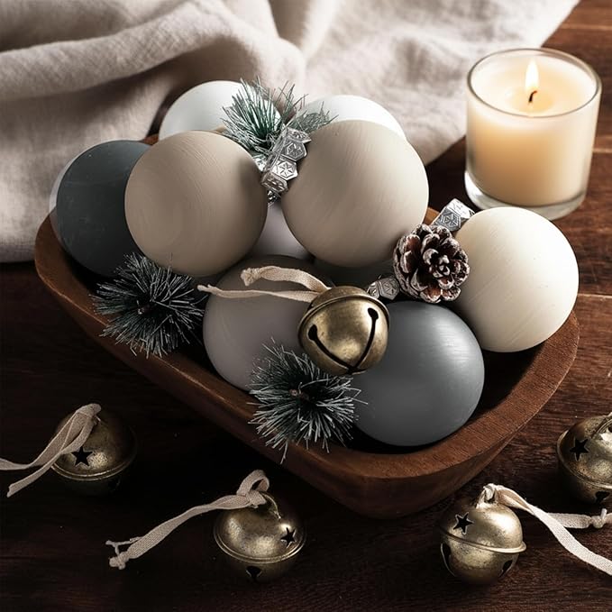 24 Pcs Neutral Matte Christmas Ball Ornaments 2.4 Inch Rustic Boho Gray Charcoal Beige White Xmas Bulbs Ornament Vintage Xmas Baubles Modern Christmas Decor for Tree Farmhouse Decor