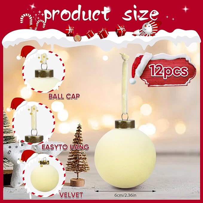 12 Pcs Velvet Christmas Balls Bulk Shatterproof Plastic Christmas Tree Decorations for Decorative Hanging Baubles (12, Beige, 2.36Inch)