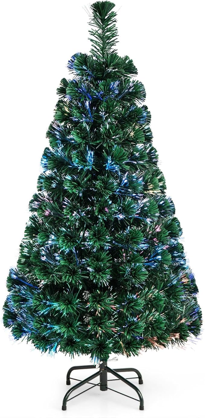 HAPPYGRILL 4FT Pre-Lit Fiber Optic Christmas Tree Artificial Christmas Tree with 125 PVC Tips, Green Xmas Tree with LED Lights for Indoor Outdoor Festival Decor