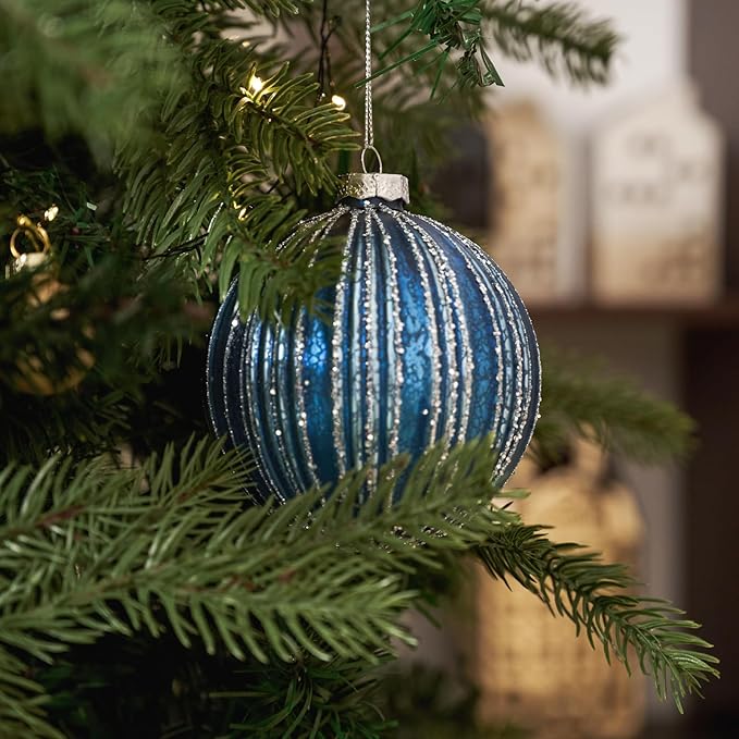 DN DECONATION 4PCS Blue Glass Christmas Ball Ornaments – 4” Shimmering Silver Lines Hanging Ball Ornaments Set for Christmas Tree, Winter Decor Elegant Holiday Decorations Wedding