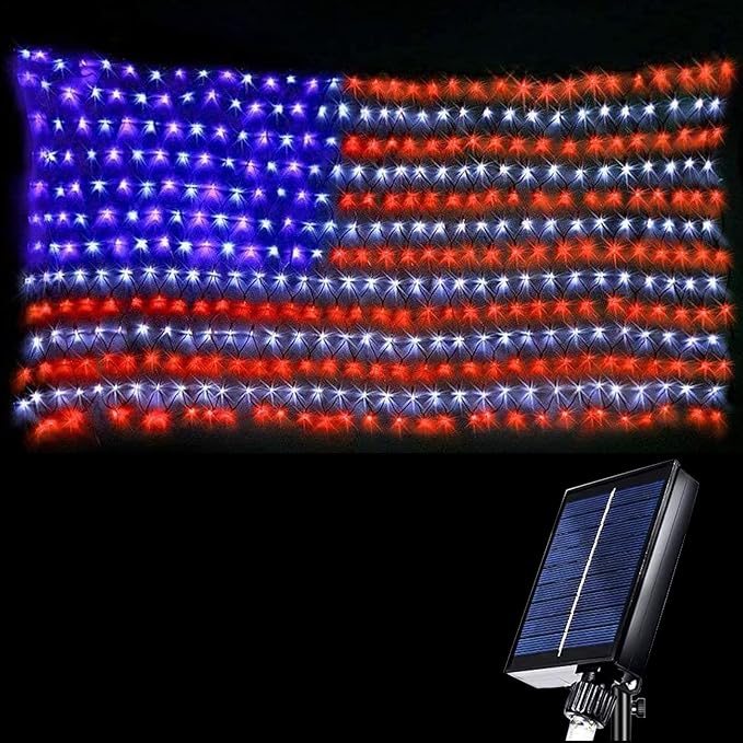 HYH American Flag Lights Outdoor Solar String Lights with 420 Super Bright LED Waterproof Flag Net Light of The United States for Yard,Garden,Festival,Holiday,4th of July,Independence Day Decoration