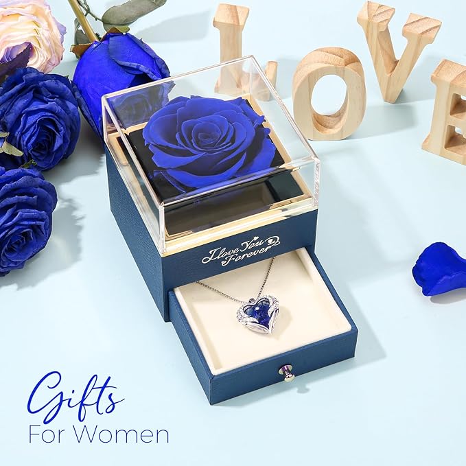 NEWNOVE Preserved Real Blue Rose with Angle Wings Necklace, Anniversary Birthday Gifts for Women, Wife Girlfriend Mom Gift Ideas, I Love You Gifts for Her