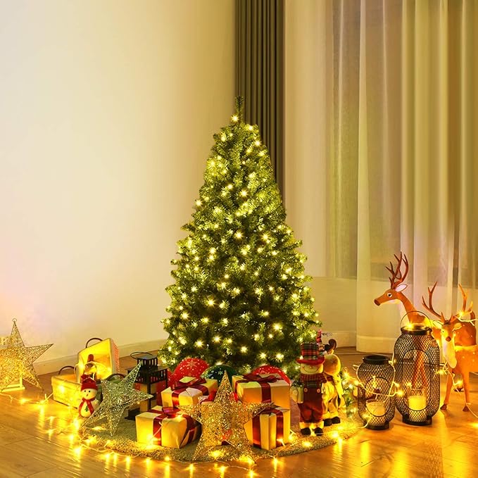 COSTWAY 4 FT Pre-lit Christmas Tree, Artificial Xmas Tree with 100 Warm White & Multicolored Lights, 11 Modes, 300 Branch Tips, Metal Support, Holiday Decoration Fake Tree for Home, Office, Party