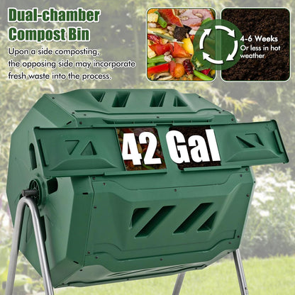 Goplus Compost Tumbler, 43 Gallon Rotating Compost Bin Barrel, Dual Chamber Tumbling Composter with Sliding Door, Gloves, Aeration System for Outdoor, Garden, Yard