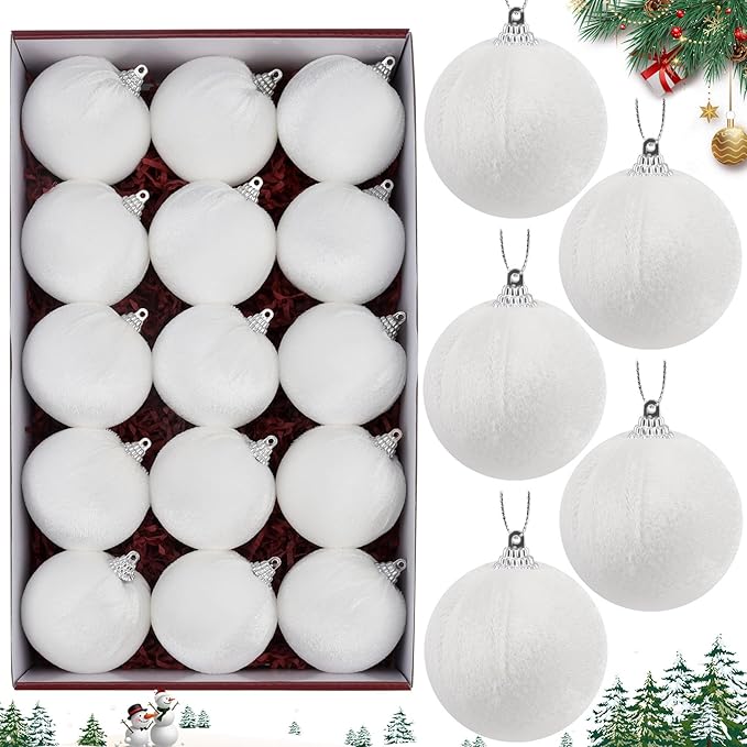 Woration 15pcs White Velvet Christmas Tree Ball Ornaments Decorative 2.36inches Christmas Plastic Balls Decorations for Xmas Trees Wreath Garland Party
