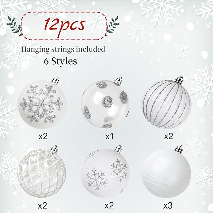 SHareconn 80mm Christmas Balls Ornaments,12PCS Colored Shatterproof Plastic Decorative Hanging Tree Decorations Baubles Set for Xmas Tree Decor Holiday Party Decoration with Lanyard,White&Silver