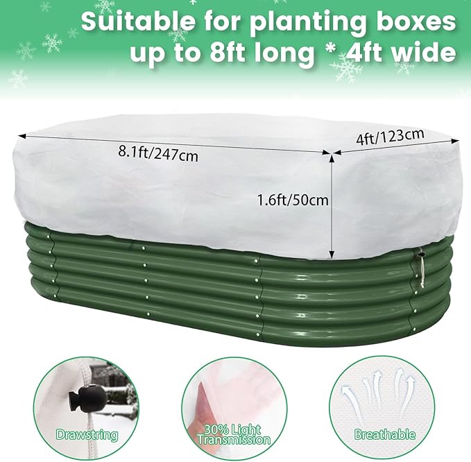 Plant Covers Freeze Protection, 2 Pack 8.1 x 4 x 1.6 ft Rectangular Raised Garden Bed Cover with Drawstring, 2.47oz/yd² Large Garden Box Frost Blankets Reusable Frost Cloth for Winter Outdoor Plants