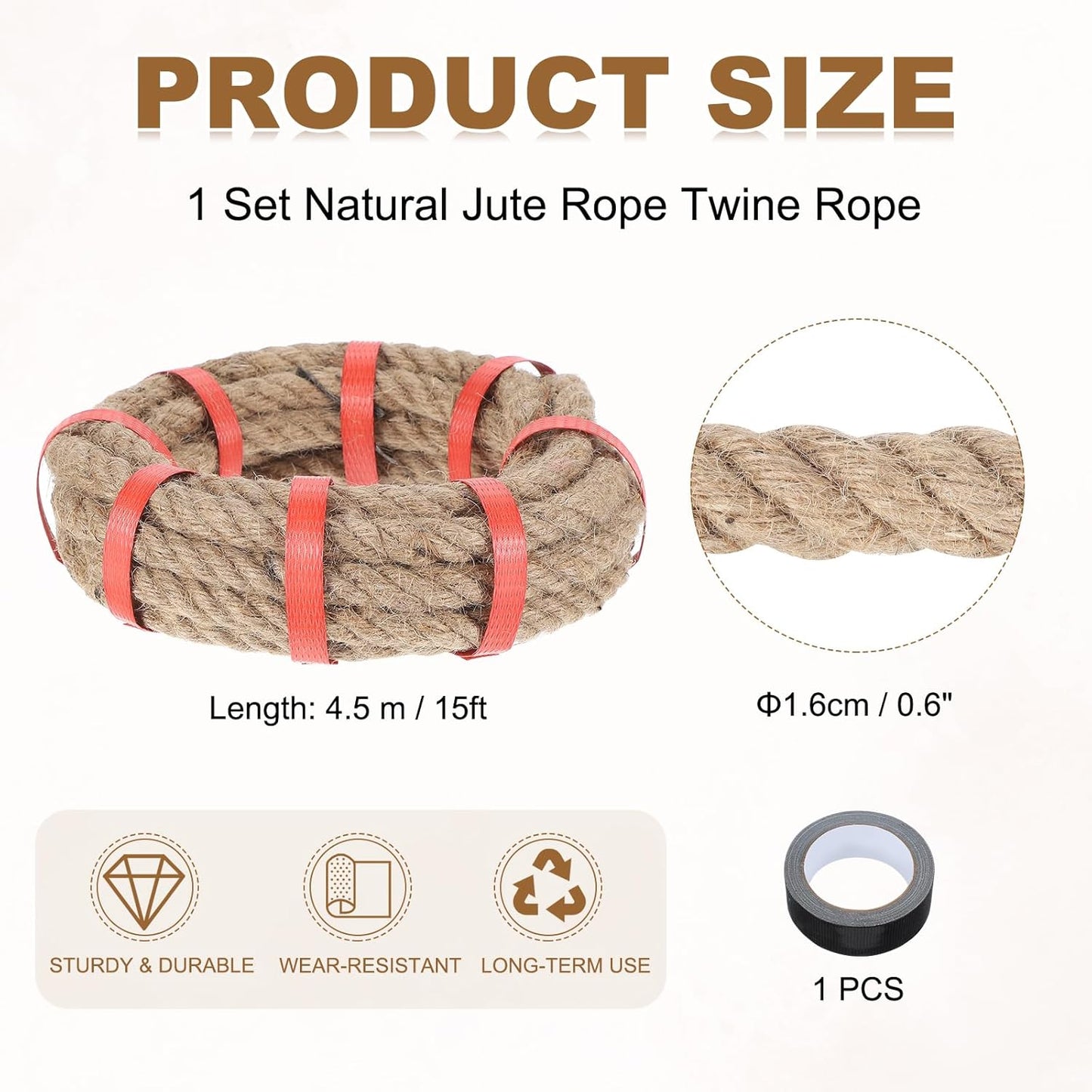 MECCANIXITY Jute Rope 0.6 Inch x 15ft, Thick Twine Rope Ropes Braided Jute Twine Natural Brown Burlap Cord String Heavy Twisted with Tape for Decorative Crafts Railing Swing Tug of War