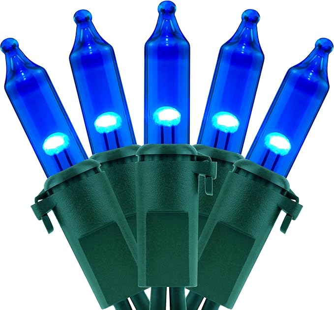 YULETIME 100 Count Blue Christmas Lights, 33 Feet Green Wire UL Certified Incandescent-Like LED Mini String Lights