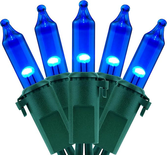 YULETIME 100 Count Blue Christmas Lights, 33 Feet Green Wire UL Certified Incandescent-Like LED Mini String Lights