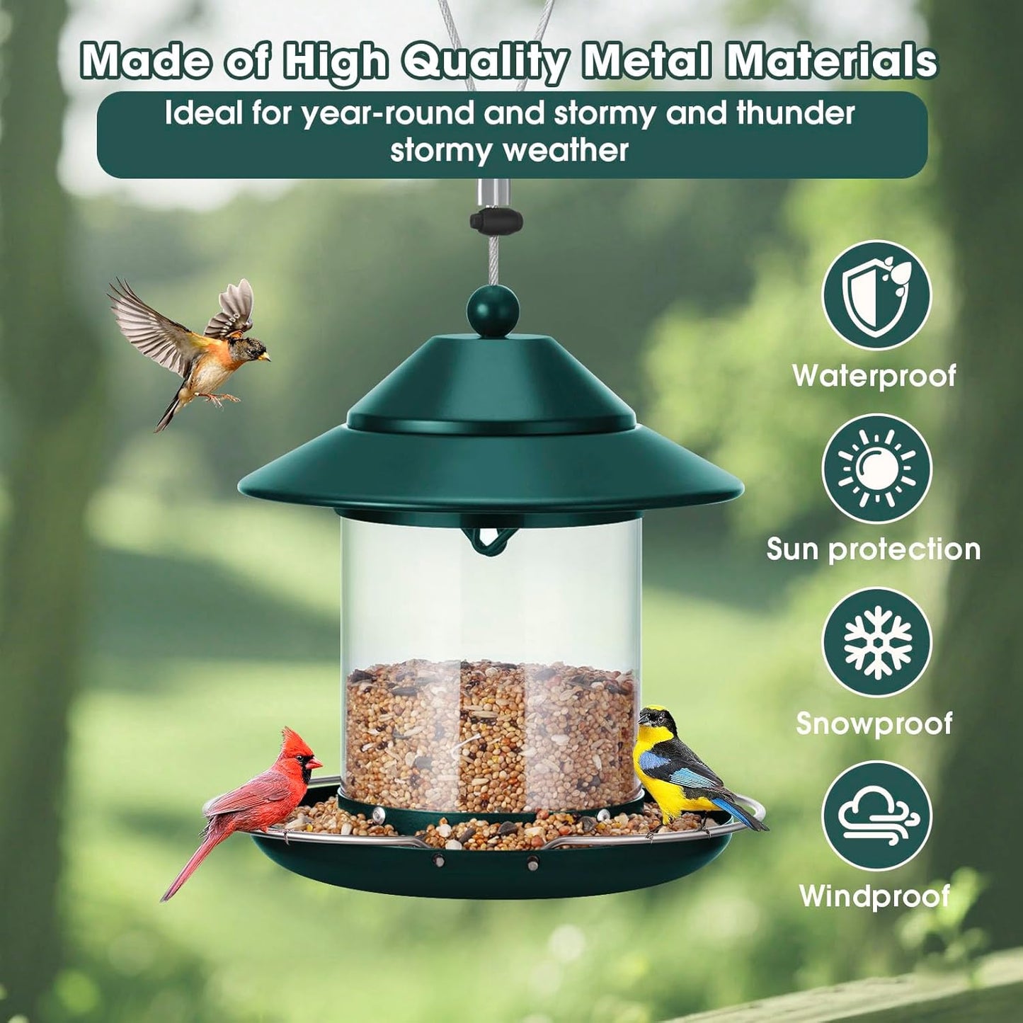 Metal Roof Bird Feeder, Hanging Bird Feeders for Outdoors with 2LB Clear Tube Seed Capacity for Viewing Cardinal Finch, 360° Feeding Wild BirdFeeders for Outside Garden Yard Decoration