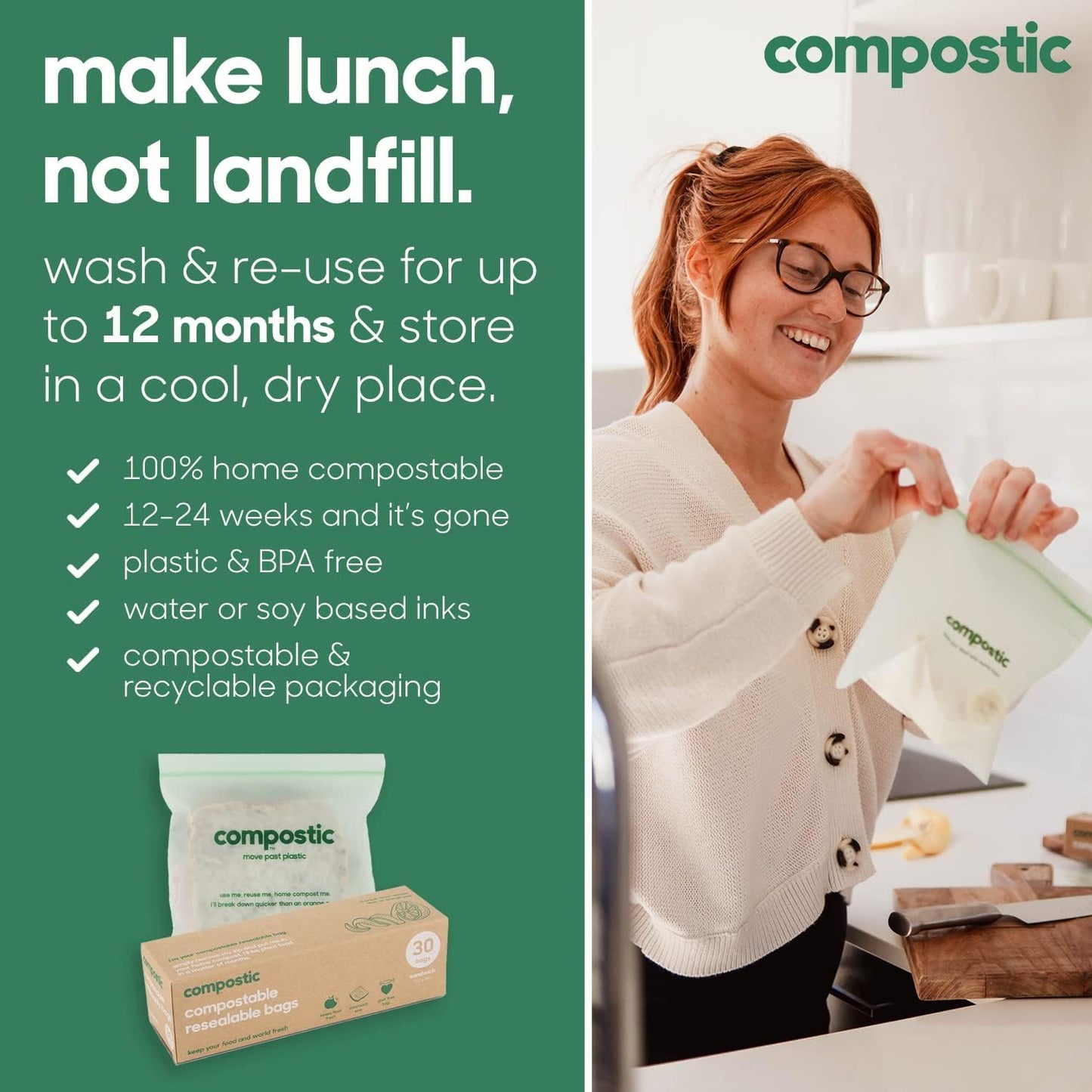 Home Compostable Resealable Snack Bags (6"x 3.5"), Microwave & Freezer Safe, Organic Food Storage Container, 100 Count