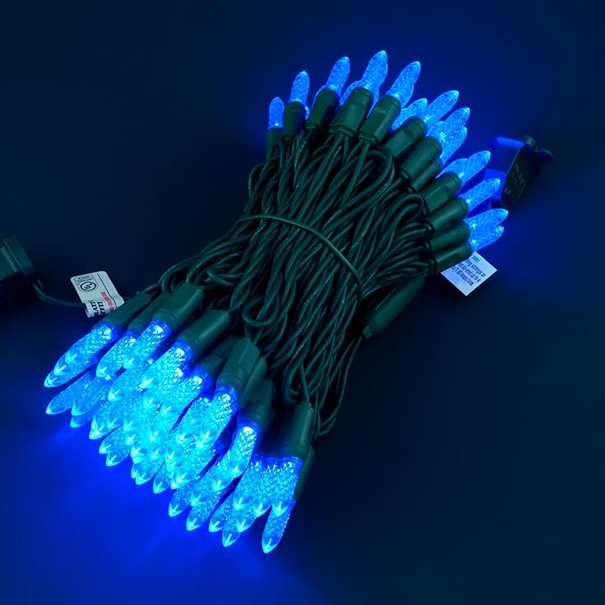100 Blue Faceted One-Piece LED Christmas Lights, 33 ft Green Cord High Waterproof UL Certified M6 Outdoor String Lights (Blue)