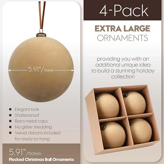 Sea Team 4-Pack Large Flocked Velvet Christmas Tree Ball Ornaments Set, Hanging Velour Baubles, Shatterproof Plastic Decorations for Xmas Tree, Wreath, Garland, 150mm/5.91 Inches, Beige