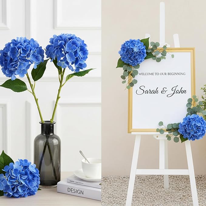 3 Pcs Blue Hydrangea Artificial Flowers, 19 inch Faux Hydrangeas Real Touch Flowers , Long Stem Artificial Flowers for Tall Vase Home Wedding Bouquets Centerpieces Party Living Room Decoration