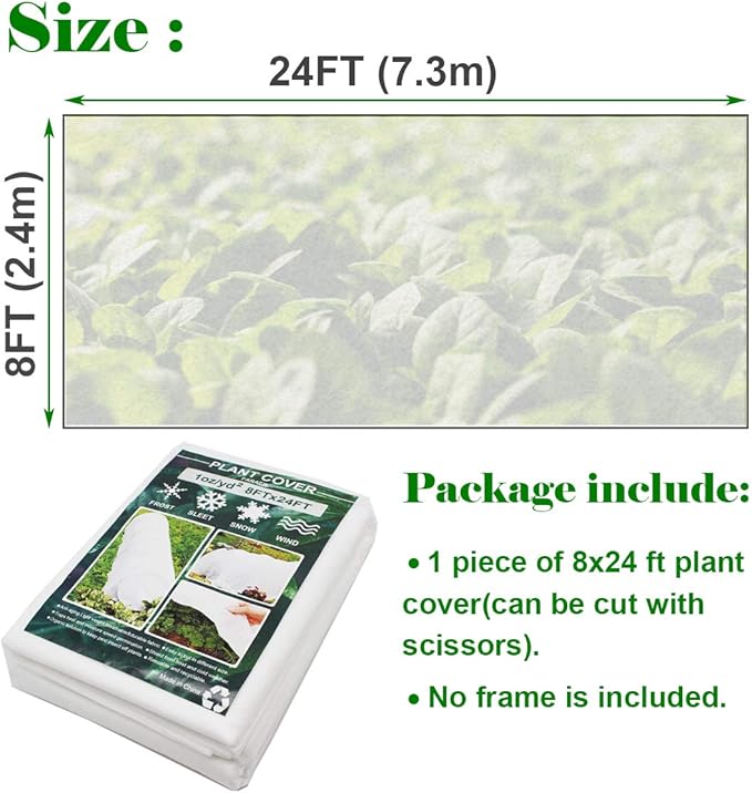 Plant Covers, 8Ft x 24Ft Reusable Floating Row Cover, 1oz Freeze Protection Plant Blankets for Cold Weather, Garden Winterize Cover for Winter Frost Protection, Thickened 1 oz Garden Quilt Cover