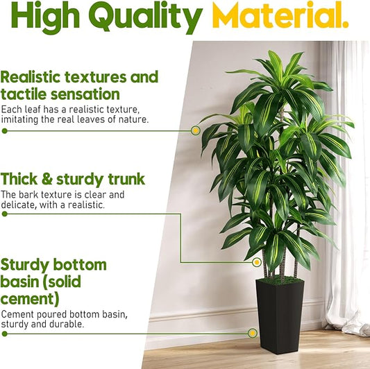 Artificial Dracaena Tree Indoor, 6FT Tall Fake Tree with Black Tall Planter, Artificial Trees Fake Yucca Potted Tree for Home Office Living Room Decor, Tall Artificial Plant for Housewarming