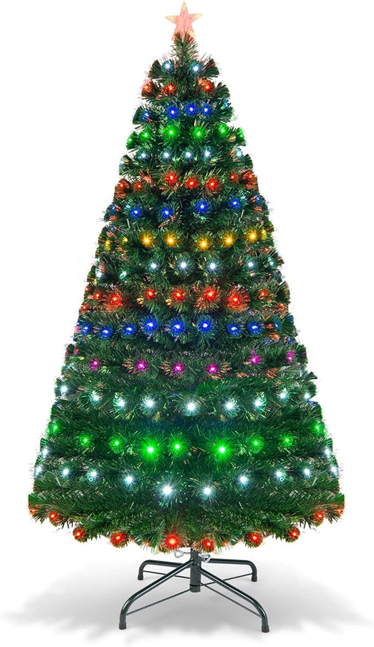 HAPPYGRILL 6FT Pre-Lit Fiber Optic Christmas Tree with Colorful LED Lights, 8 Lighting Modes, 230 Branch Tips, Foldable Metal Base, Pre-Lit Xmas Full Tree Decor for Office Home