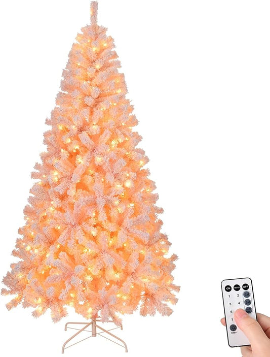VINGLI 7ft Pink Artificial Christmas Pine Tree with 400 Warm LED Lights, Pre-Lit Flocked Xmas Tree with 1000 Full Branch Tips, Sturdy Metal Stand, 8 Color Modes for Holiday & Party Decorations