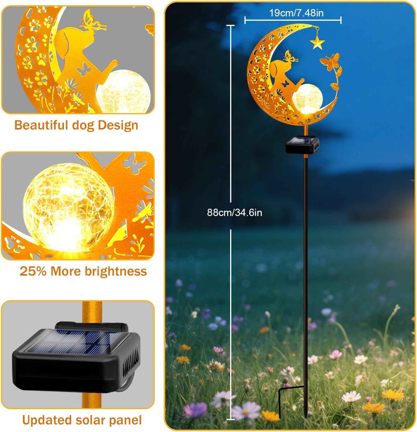 YJFWAL Garden Solar Dog Lights Pathway Stake Lights Glass Globe with Moon Dog Decor, Gifts for Mom Grandma Friends, Outdoor Decor Light Waterproof for Walkway, Yard, Patio or Garden (Warm White)