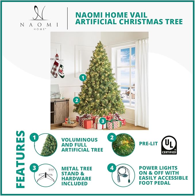 Naomi Home Vail 7.5ft Prelit Artificial Christmas Tree with Pine Cones, Foot Pedal, 1556 Branch Tips, 750 Warm Lights and Metal Stand, 61" Wide Realistic Traditional Christmas Tree with Lights