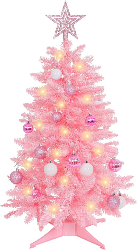 Sunshine Pink Christmas Tree with Light 3ft Artifical Full Christmas Tree with Ball & Star Ornaments 8 Lighting Modes for Holiday Decor