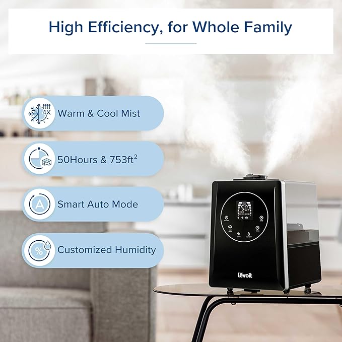 LEVOIT LV600HH 6L Warm and Cool Mist Ultrasonic Humidifier, Rapid Humidification for Bedroom Large Room, Essential Oil Diffuser, Humidity Setting with Built-in Sensor, Auto Mode, Timer, Remote Control